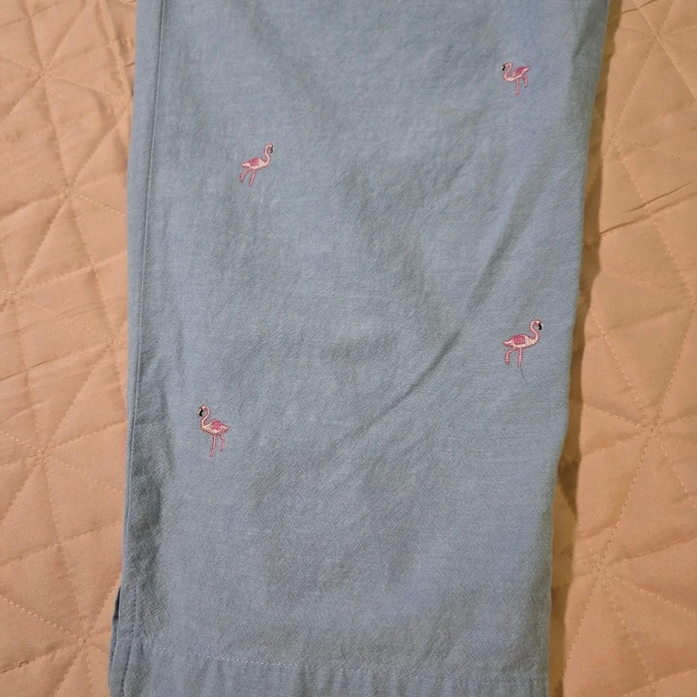 Jane Ashley Blue‎ Cotton Flamingo Chambray Set Top Pants PL Embroidery Sequin